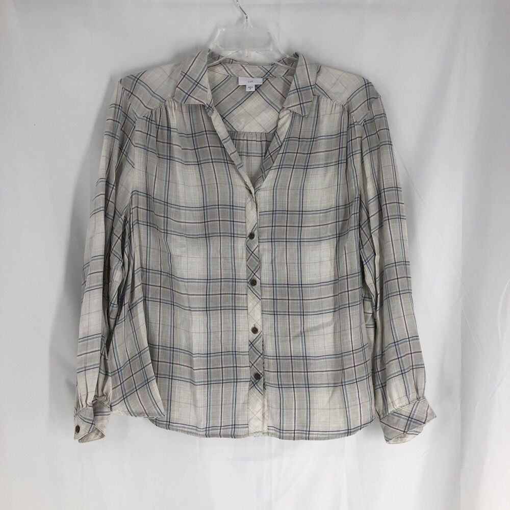 J Jill Women's Size 2X Cotton Blend Long Sleeve Plaid Gray Multi Top Blouse